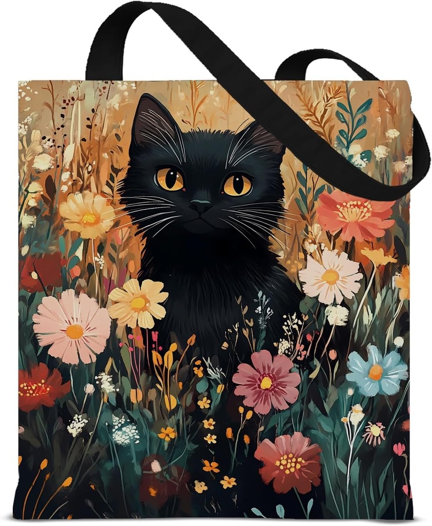 Canvas Aesthetic Tote Bag for Women, Cute Cat Reusable Grocery Shoulder Bag for Shopping Travel Beach