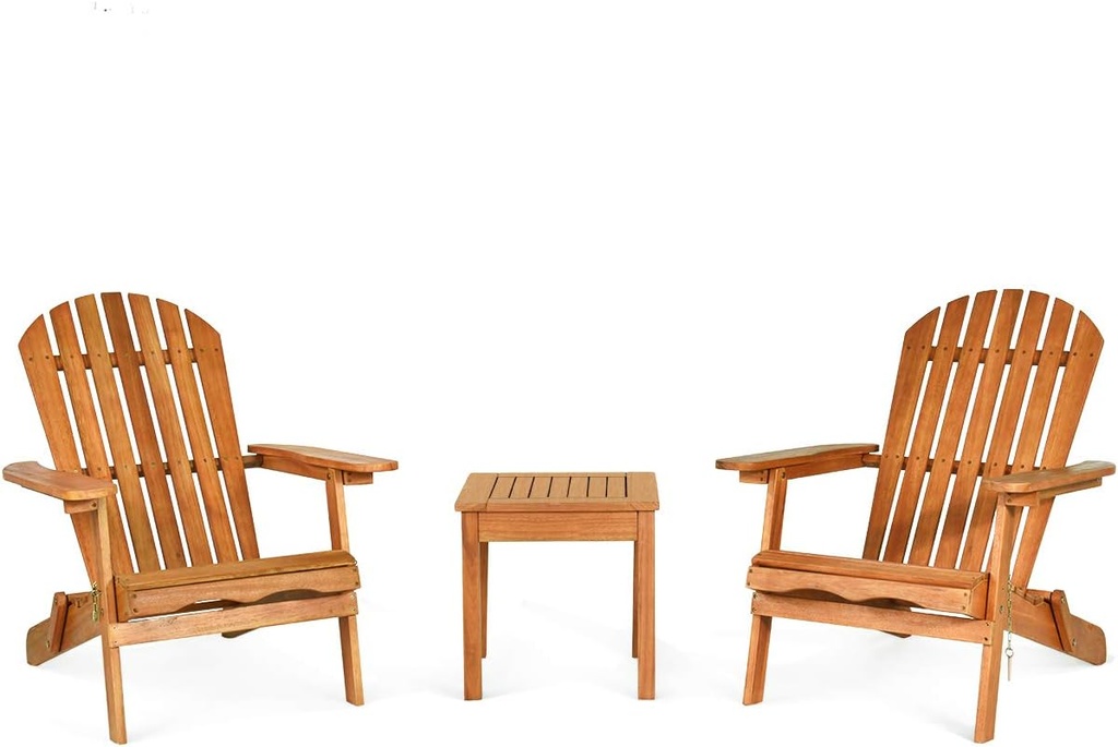 Giantex Adirondack Chair Set 3-Piece Foldable Wooden Chairs Set W/Widened Armrest, Eucalyptus Frame and Side Table Outdoor & Indoor Table Set for Patio Poolside Garden, Set of 3 Wooden Lounger Chair