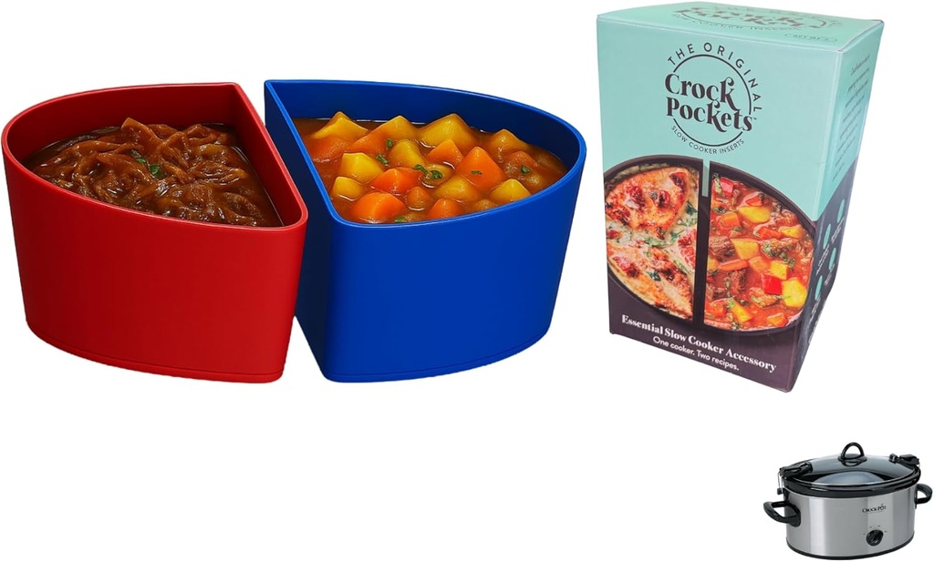 CrockPockets® Blue & Red Reusable Silicone Slow Cooker Dividers – 6Qt Divider Set (2-Pack), Non-Stick, Leak-Resistant, BPA-Free, Dishwasher Safe + Free Digital Cookbook!