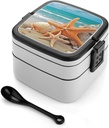 Stackable Double-Layer Bento Box Starfish Seashell Beach Adults Lunchbox with Spoon Cute Japanese Bento Box Dishwasher Safe for Work Travel Dining Outc