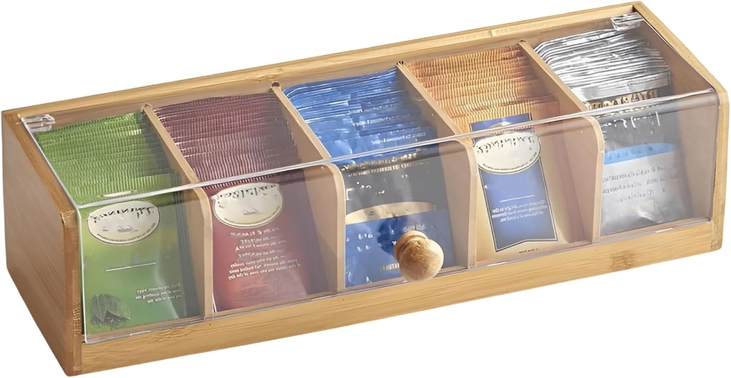 Tea Bag Storage Organizer, Tea Chest Box, Teabag Caddy with Lids, Coffee Station Organizer Countertop for Home, Office, Café - Also Holds Sugar Packets and Creamers