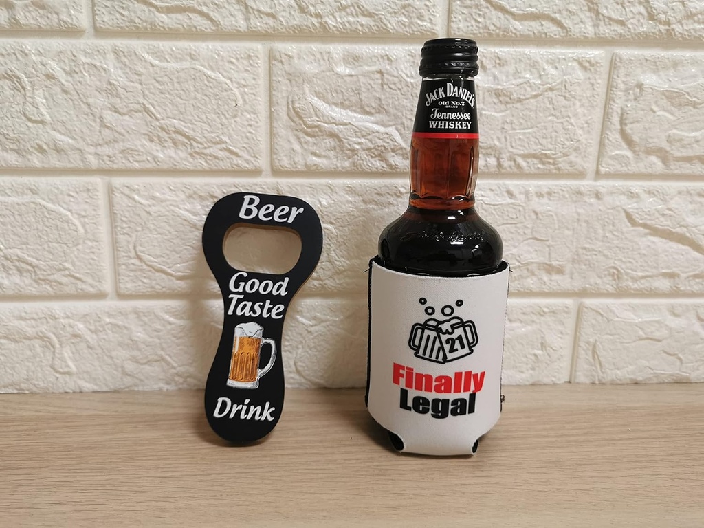 21st Birthday Gift For Men Women - Beer Beverage Drink Can Coolie Cooler Insulators (2 pcs, Double Sided Printing) with One Absorbent Coaster (21st Birthday)