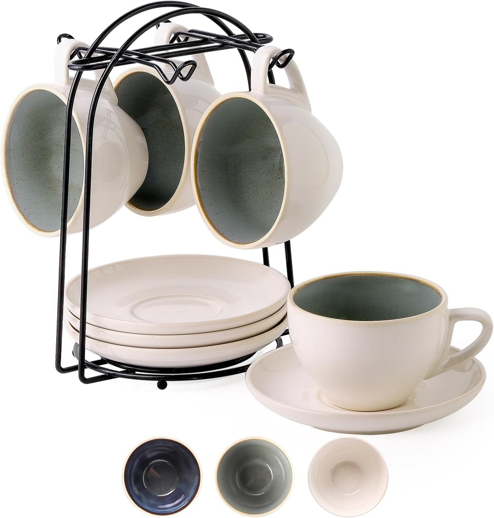 SIDUCAL Stackable Cappuccino Cup Set of 4 [8oz] Ceramic Coffee Cups with Saucers and Cup Holder,Microwave/Dishwasher Safe,Espresso Demitasse Cups(Green)