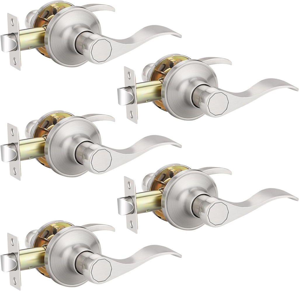 5 Pack Satin Nickel Handleset Wave Style Passage Lever Handle, Fully Reversible Interior Door Knobs for Hallway/Closets/Laundry Rooms, Keyless Unlocking Passage Function, Contractor Pack of 5