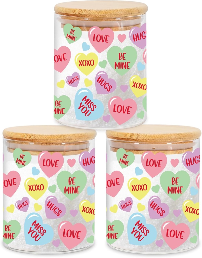 3Pcs Valentine Glass Storage Jars With Airtight Lid Pastel Conversation Heart Decorative Canisters Sets For Home Kitchen Countertop