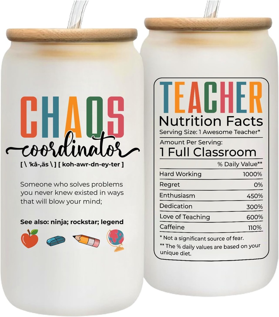 Teacher Glass Cup Tumbler Chaos Coordinator Teacher Gifts for Women, Teacher Cups Student Teacher Gifts, Graduation Thank you Christmas Gifts for Teachers Mug Appriation Drinking Cup 16oz Glass Can