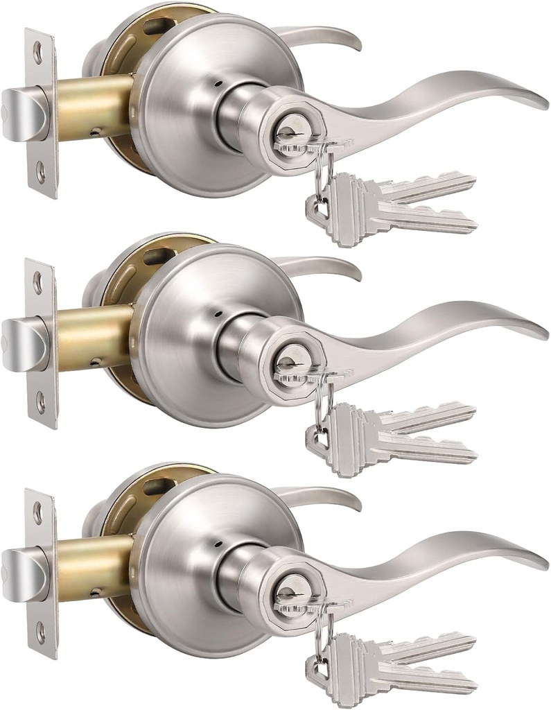 Knobonly 3 Pack Keyed Alike Bathroom/Bedroom Door Lock, Satin Nickel Front Door Handle, Exterior Door Handle, Same Key for Each Pack, Zinc Alloy
