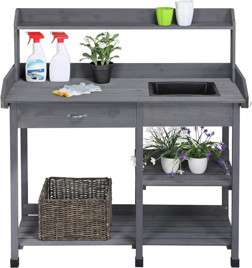 Topeakmart 45.2x17.7x47.6'' (LxWxH) Potting Benches Outdoor Garden Potting Table Work Bench with Removable Sink Drawer Rack Shelves Work Station, Gray