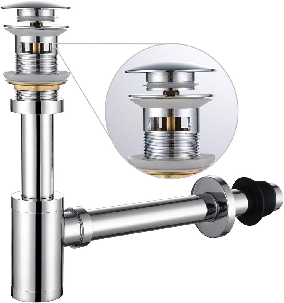 Bathroom Sink Stopper P-Trap Complete Set Adjustable 1-1/4 Sink Drain Kit Tube Solid Brass Bottle Trap w/Pop Up Drain Stopper Set, Overflow Version, Chrome Silver