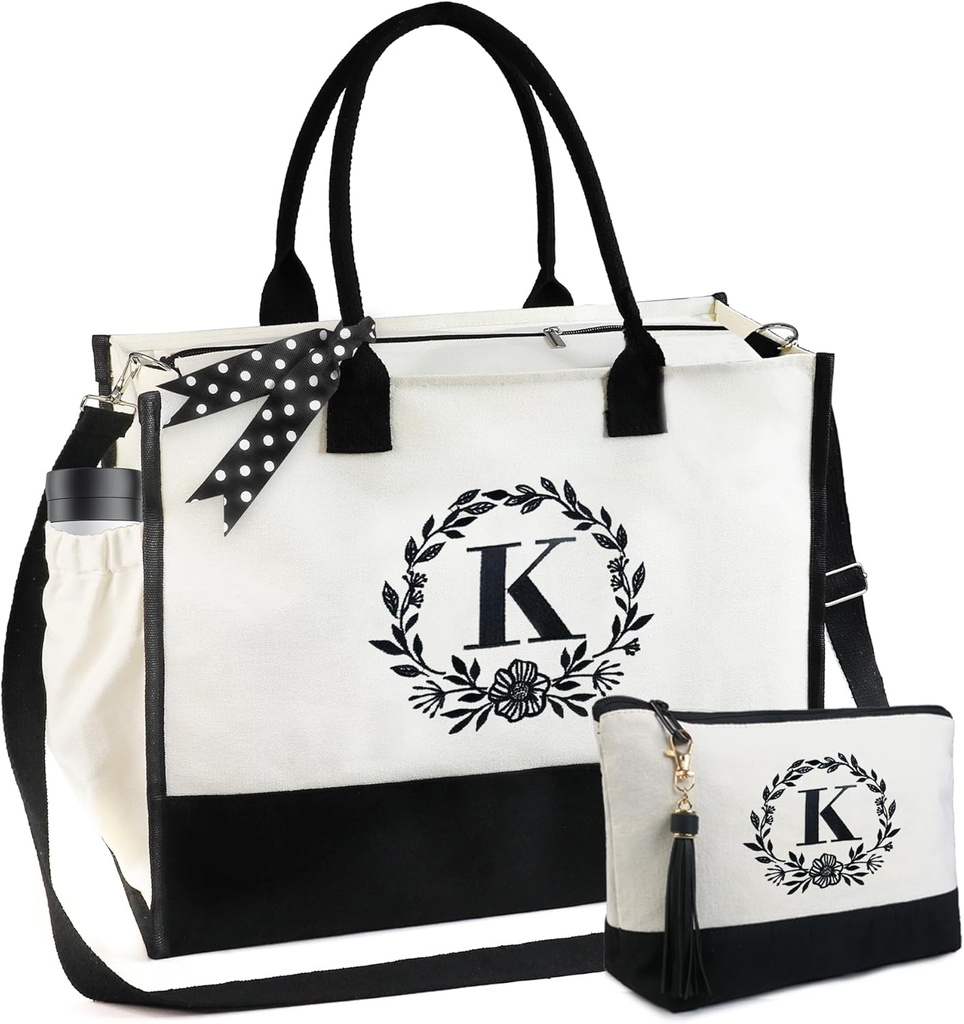 BeeGreen Personalized Birthday Bags for Her, Initial Gifts Canvas Bag for Women Mother Coworkes Teacher, Large Embroidery Monogram Totes with Make-up Bag, Zipper and Shoulder Straps Letter K