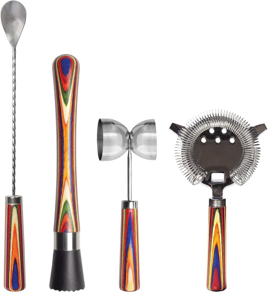 Totally Bamboo Baltique Marrakesh 4 Piece Bartender Kit, Bartending Gift Set with Essential Bar Accessory Tools, Includes Muddler, Double Sided Jigger, Hawthorne Cocktail Strainer and Bar Spoon