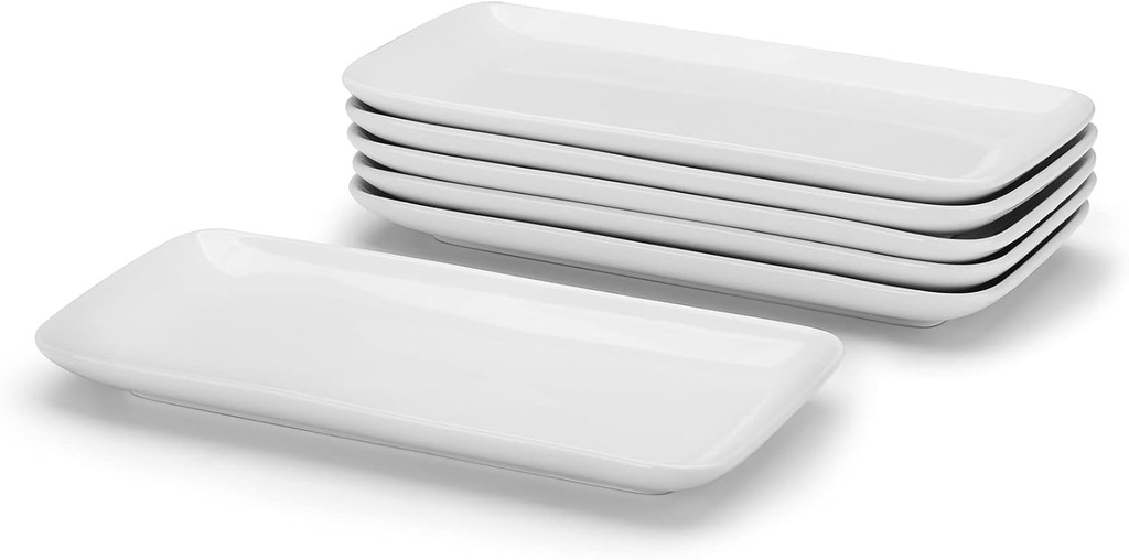 Miicol Small Platters Set of 6, Ceramic Rectangle Plates 9 Inch, Modern Sushi Plate Set, White Serving Dishes for Serving Food, Appetizer, Dessert, Dinner, Party