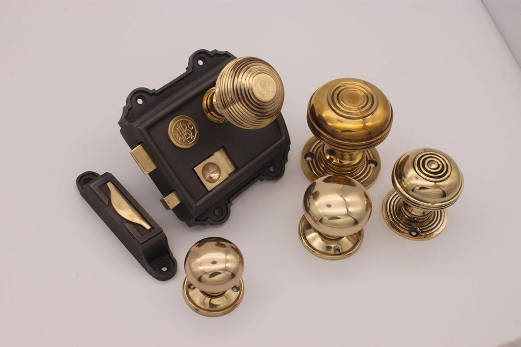 Victorian Cast Iron Rim Latch Bath Bedroom Lock Door Knob Handle Sets - Brass (Rim Lock + Bloxwich 60mm Door Knob)