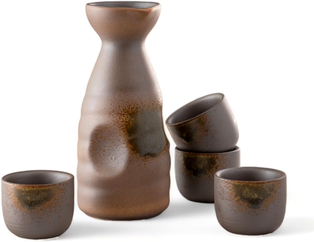 Urban Tokyo Japanese Sake 5 Piece Set Include 1 Sake Bottle and 4 Cups for Hot or Cold Sake Home or Restaurant Use Reactive Glazed Ceramic (Brown and Green)