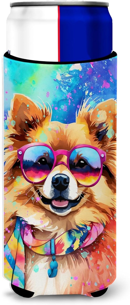Caroline's Treasures Pomeranian Hippie Dawg Hugger for Ultra Slim Cans Can Cooler Sleeve Hugger Machine Washable Drink Sleeve Hugger Collapsible Insulator Beverage Insulated Holder