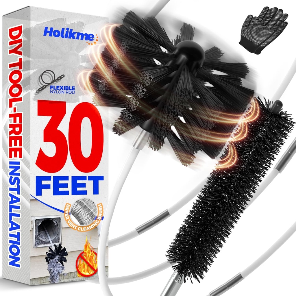 Holikme 30 Feet Dryer Vent Cleaner Kit, Flexible Lint Brush with Drill Attachment, Fireplace Chimney Brushes Extends Up to 30 Feet for Easy Cleaning, Use with or Without a Power Drill