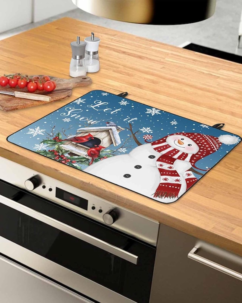 Christmas Countertop Burners Protection Mats for Kitchen, Winter Snowman Christmas Bird Sky Blue Rubber Stove Top Cover Mat, Heat Proof Mats Cooktop Cover for Counter Dish Drying Mat, 28.5"x20.5"