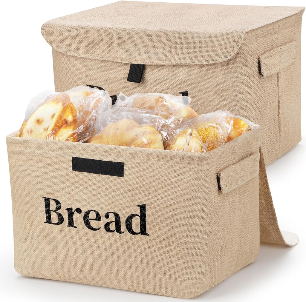 Bread Storage Baskets Bread Box for Kitchen Countertop, 2 Pack Burlap Storage Baskets Bins with Lids Collapsible Bread Storage Container, Farmhouse Organizer Bread Holder for Pantry Shelves