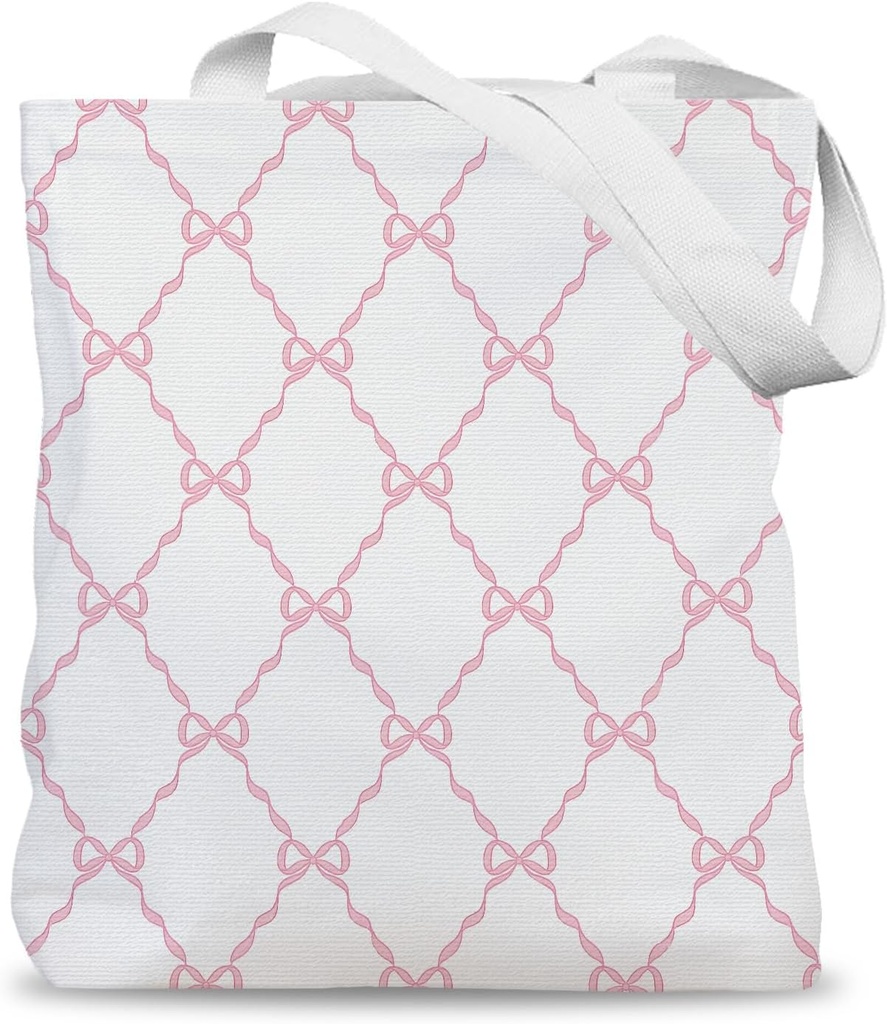 Coquette Pink Bow Tote Bag, Preppy Pink Canvas Tote Bags for Women, Girly Gifts for Women, Coquette Stuff, Aesthetic Ribbon Reusable Grocery Shopping Bags