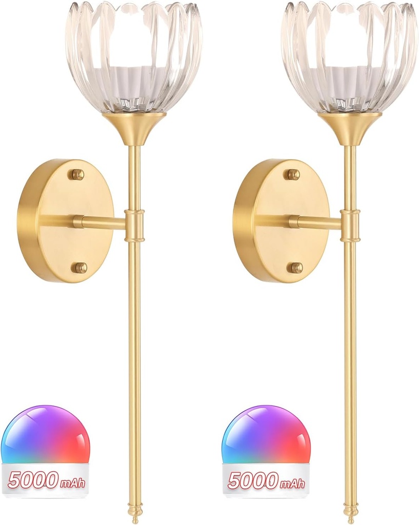Battery Operated Wall Sconce Set of 2, Clear Tulip Vintage Wall Light Fixture Rechargeable 5000mAh Battery Powered Wall Lamp with Remote for Living Room Bathroom