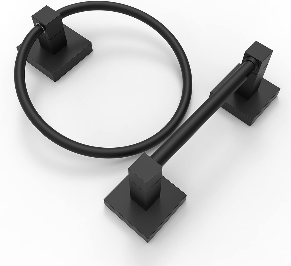 Ruacq Matte Black Toilet Paper Holder Towel Ring Bathroom Accessories Hardware Set Double Post Pivoting Toilet Roll Holder Square Stainless Steel and Zinc Alloy Modern Wall Mounted 2 Pieces