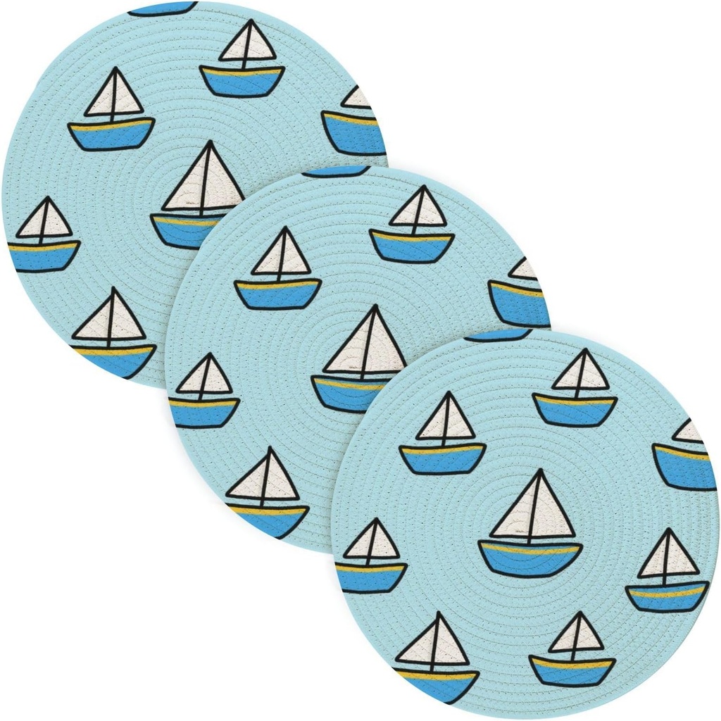 3 Pcs Kitchen Trivet Mat for Crock Pot Cartoon Ship Boat Blue 15in Polyester-Cotton Thread Weave Spoon Rest for Cooking and Baking Porta platos para mesa