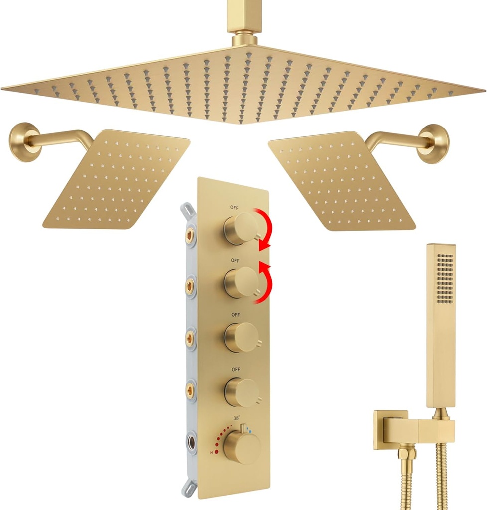 Thermostatic Shower System Three Shower Heads with 16" Ceiling Mounted Rain Shower Head & 2 x 6" Wall Mounted Head for Two People 4 Function Can All Run Together, Brushed Gold