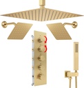 Thermostatic Shower System Three Shower Heads with 16" Ceiling Mounted Rain Shower Head & 2 x 6" Wall Mounted Head for Two People 4 Function Can All Run Together, Brushed Gold