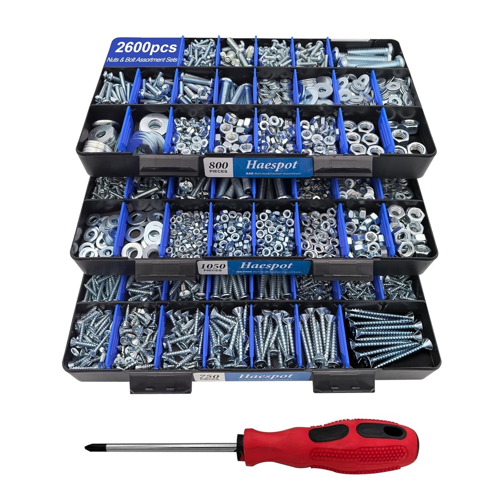 2600 Piece Bolt and Nut Hardware Assortment Kit with Diverse Bolts, Screws, Washers & Nuts–DIY-Friendly, 3-Tier Storage for Home Projects