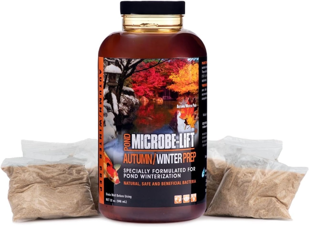 MICROBE-LIFT AUTPREP Autumn and Winter Prep Seasonal Conditioner for Ponds and Outdoor Water Gardens, OK for Live Koi Fish, Plants, and Decor, 32 Ounce Liquid and 4 2-Ounce Packets