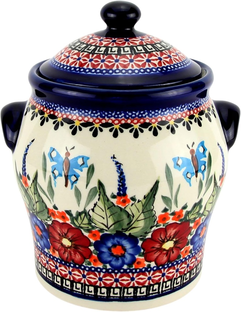 Polish Pottery Market Canister with Lid - 51 Oz., Handcrafted Zaklady Boleslawiec Stoneware, Food Storage Jar, Cookie Candy Jar for Kitchen and Home, Loose Tea, Flour, Coffee