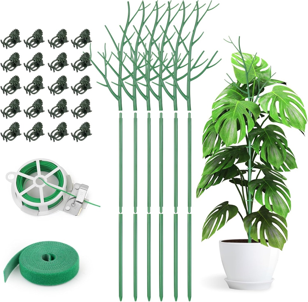 6 Pack Plant Support Stakes for Indoor Plants, 39.37 Inch Twig Plant Sticks with Orchid Clips Twist Ties and Plant Ties for House Potted Monstera Plants, Plastic Branches Support Structures, Green