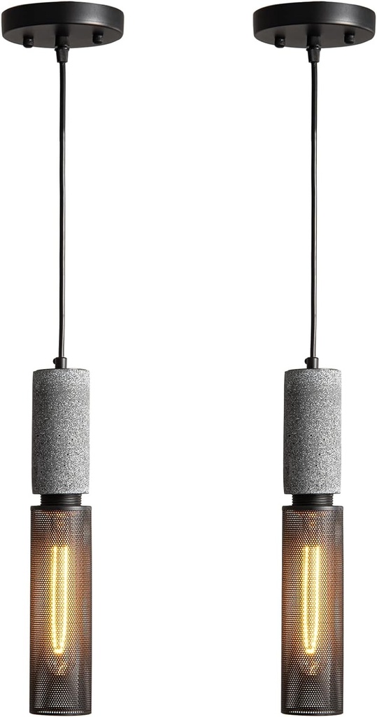 Concrete Linear Pendant Light with a Metal Mesh Shade,Modern Industrial Hanging Cement Pendant Lighting Fixture for Kitchen Island Dinning Room Bedroom(Black 2-Pack)