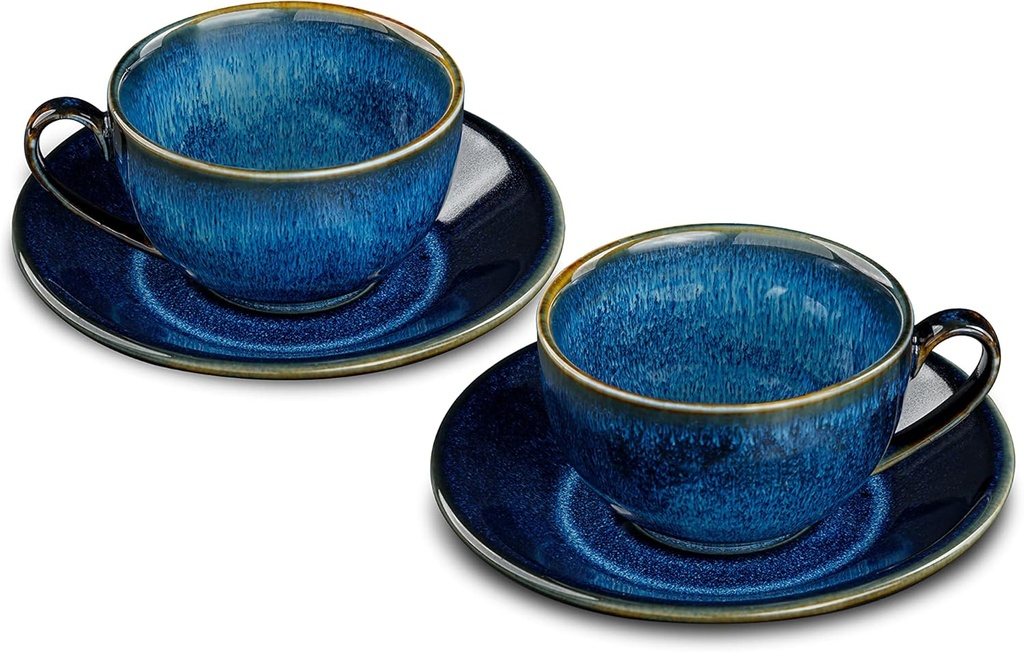 NaCraftTH Set of 2 Porcelain Ceramic Cappuccino Coffee Cup & Saucer Set Teacup Art Stoneware Glazed, 250 ml; 8.5 oz., Blue, 4 Piece Set