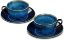 NaCraftTH Set of 2 Porcelain Ceramic Cappuccino Coffee Cup & Saucer Set Teacup Art Stoneware Glazed, 250 ml; 8.5 oz., Blue, 4 Piece Set