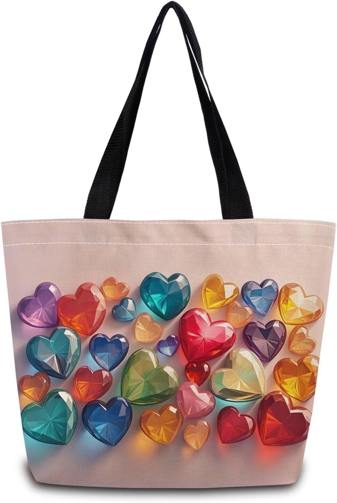 Crystal Heart Tote Bag Reusable Grocery Bags Cute Aesthetic Shopping Shoulder Handbag with Interior Zipper Pocket Lightweight & Washable Stylish Crystal Heart Present for Women