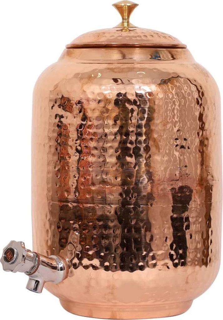 Royal Kurta Pure Copper drinkware Water Dispenser -Hammered Finish- Pot ayurveda Health Healing 8 Liter Storage Capacity Water Container Tank with 2 Matching Tumbler Glasses (4 litres)