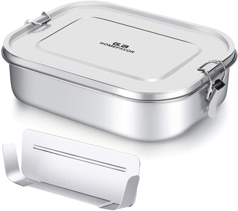 G.a HOMEFAVOR Stainless Steel Bento Lunch Box - Leak-Proof Metal Bento Box, Large Food Container with Lock Clips, Snack Container, Dishwasher Safe, 2 Compartments, 1400 ml/47 oz