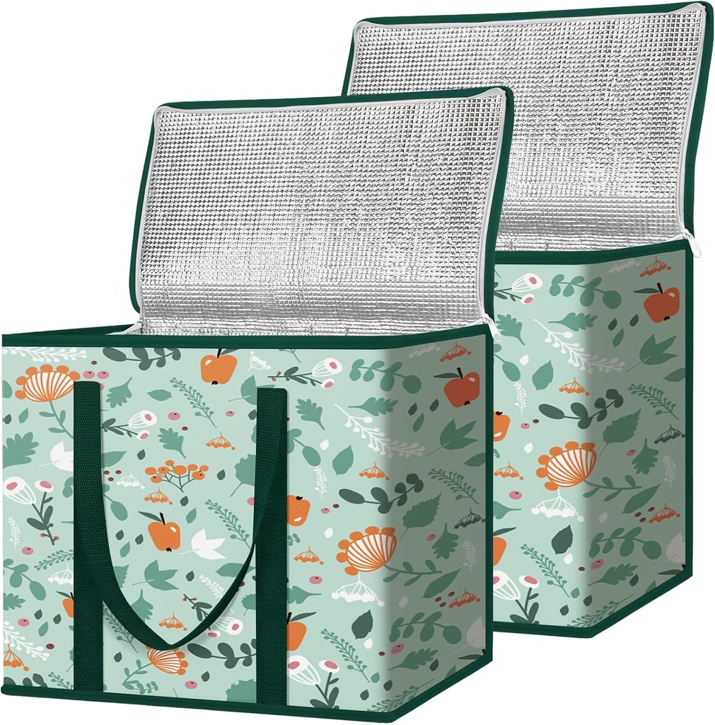 BALEINE 2Pk Insulated Reusable Grocery Bags, Collapsible Cooler Bag for Groceries, Heavy Duty Large Insulated Bag (16''x9''x13'', Spring Stroll)
