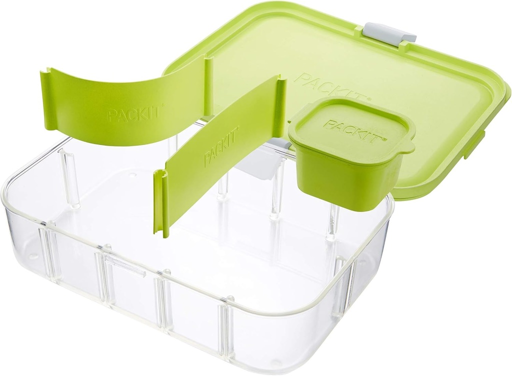 PackIt Flex Bento Food Storage Container, Lime Punch, Shatterproof Crystal Clear Base, with Leak-resistant Lid, Flexible Dividers, Microwavable, Dishwasher Safe, Perfect for Customizing Lunch