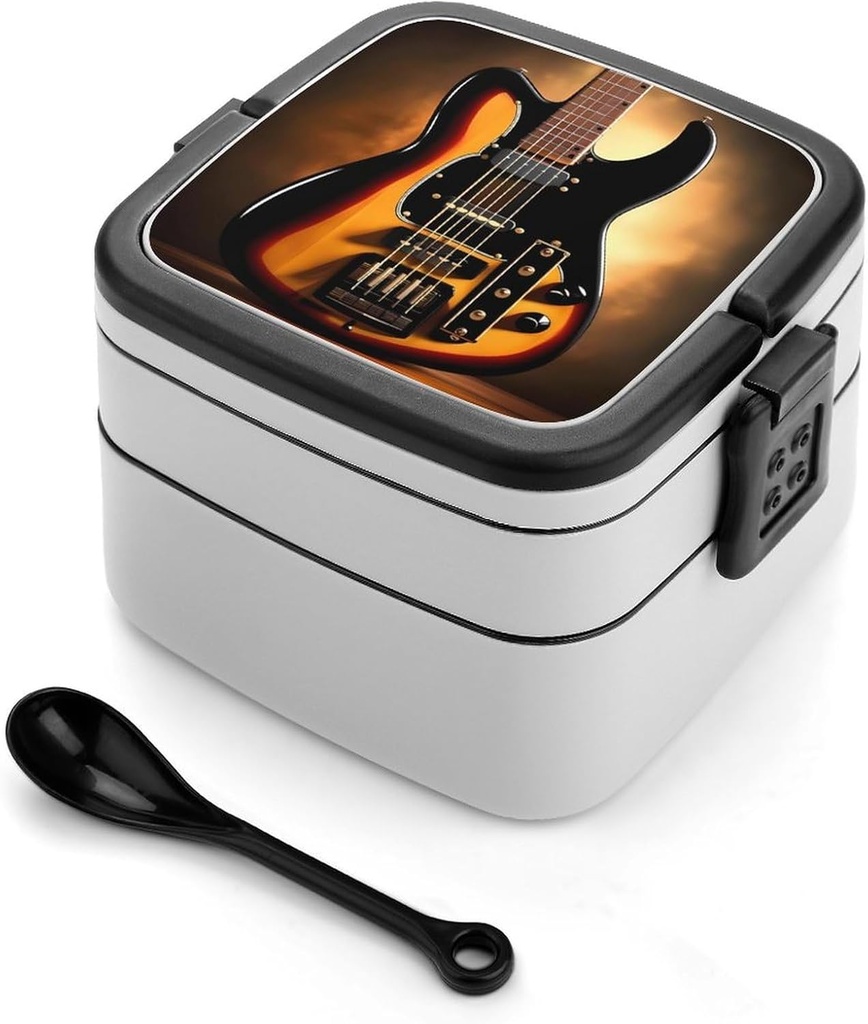 Instrumental Guitar Bento Box Adult Lunch Box All-in-One Lunch Containers with Removable Compartments Double Layer Bento Lunch Box with Spoon And Handle Stackable Lunchbox