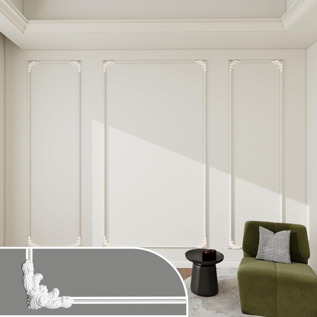 Wall Molding Peel and Stick Panel - Wall Decoration Kit with Corner Flower, Easy Peel and Stick Wall Panels for Interior Wall Decor, No Uneven Diagonals(12 Corner Flowers+757 Inches)