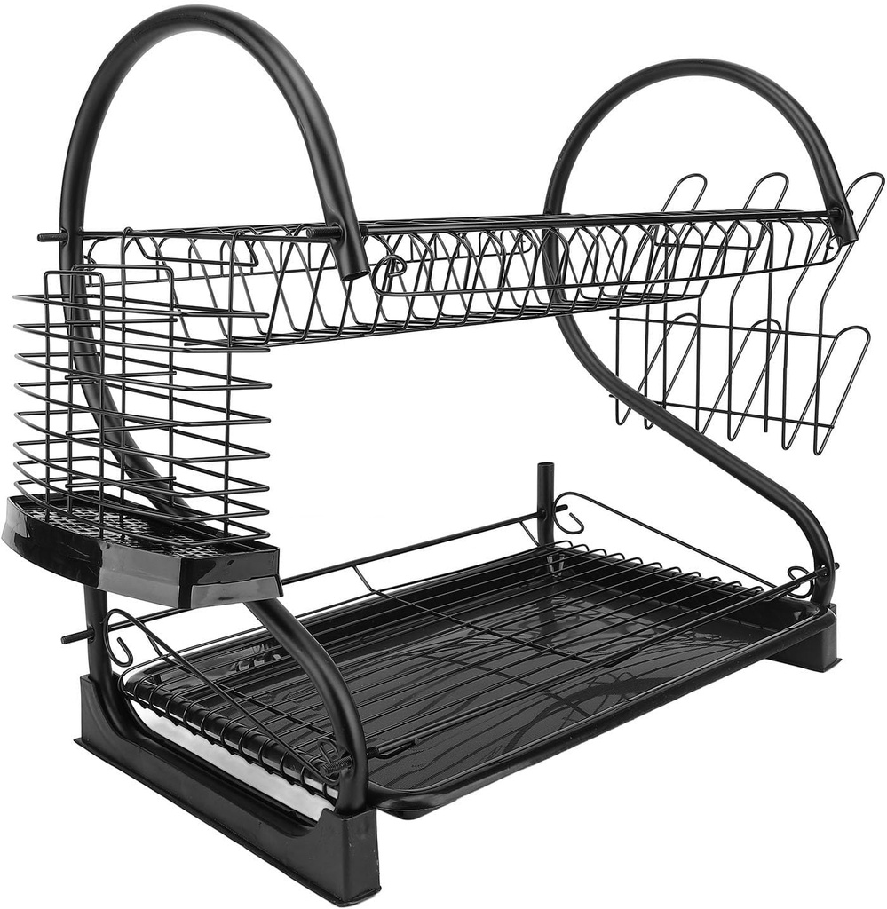 Focket Dish Drying Cake, Large Capacity 2 Tier Iron Dish Drainer with Drainage Board for Kitchen Counter