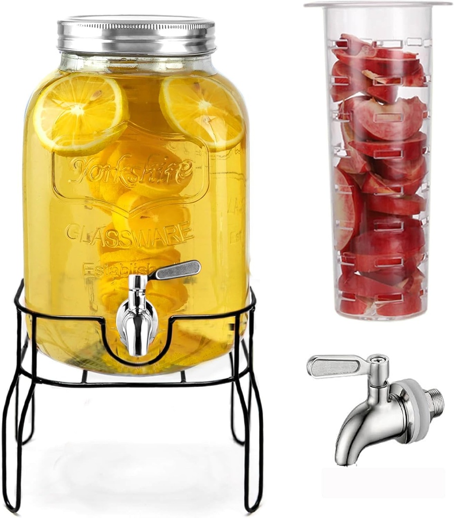 2 Gallon Drink Dispensers for Parties with18/8 Stainless Steel Spigot and Stand, Juice Jug Beverage Dispensers Glass Water Dispenser Lemonade Dispenser Sun Tea Glass Jar for Outside