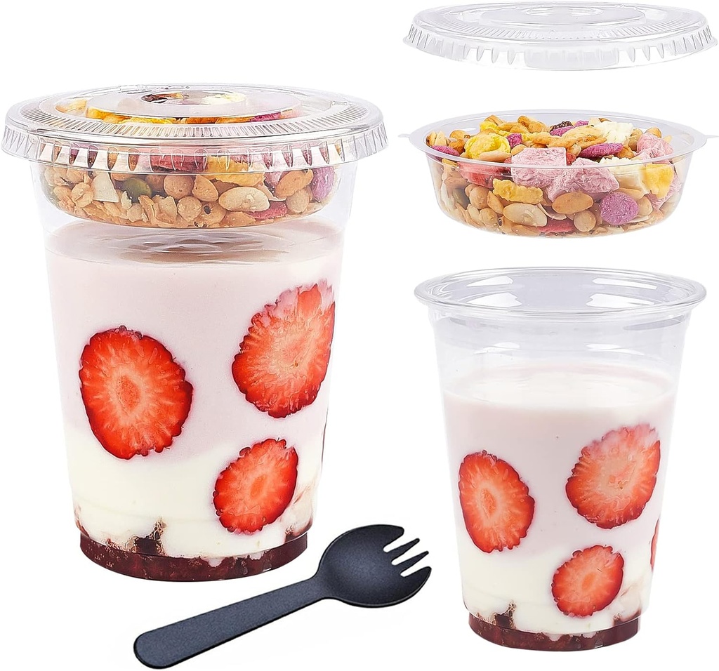 TOFLEN 12 oz Clear Plastic Yogurt Parfait Cups with Lids Disposable To Go Cereal Cups for Breakfast Snack Fruit, Veggies and Dips (50 Cups+Inserts+Sporks+Flat Lids)