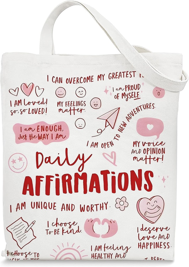 Daily Affirmations Canvas Tote Bag for Women Girls, Inspirational Self - Love Reusable Shoulder Bag for Shopping, Grocery & Daily Use