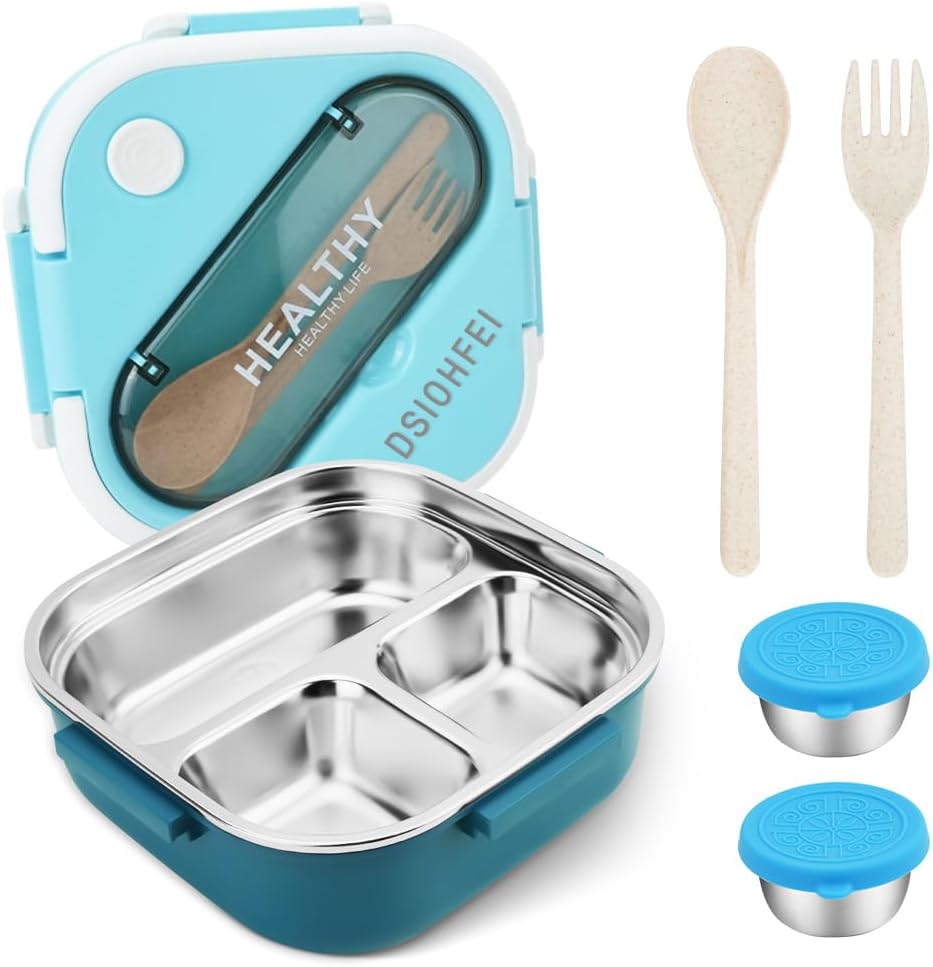 Stainless Steel Bento Box, 35oz Lunch Box with Utensil, 3 Compartment Portable Salad Dressings Container for Lunch, Metal Leakproof Snack Box Container for Sandwitch, Sauce