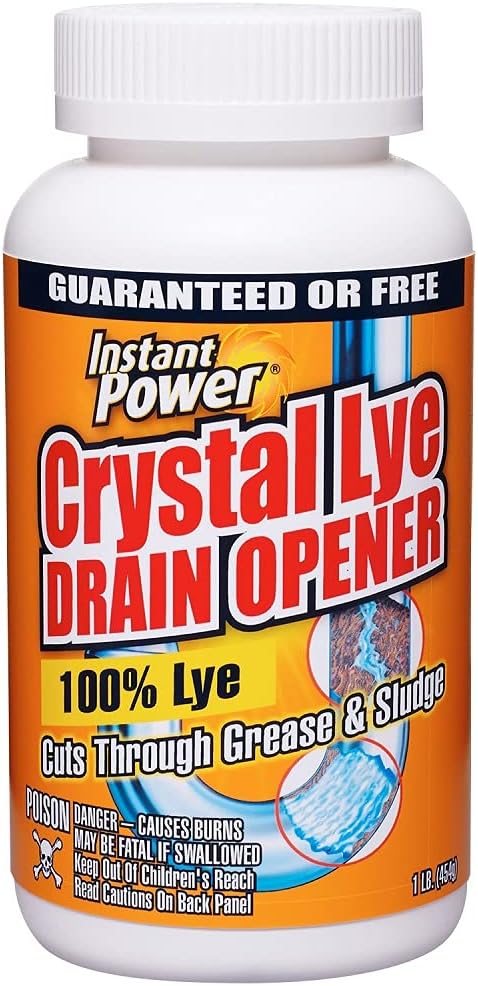Instant Power Crystal Lye Drain Opener, Lye Sodium Hydroxide, Unclogs Bathroom and Kitchen Sinks, Drains, Shower Pipes 1 Lb