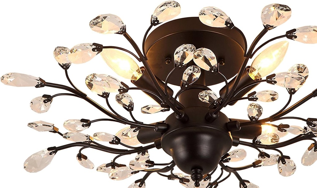 SEOL-Light 24.5" Dia 4-Light Vintage Crystal Branch Close to Ceiling Light Fixture Black Chandelier Flush Mount,E12,160W,for Bedroom,Kitchen,Living Room;