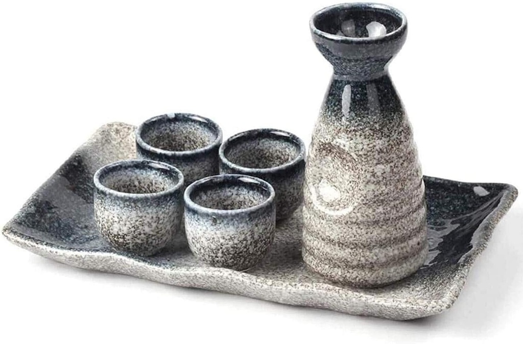 Japanese Sake Set with Tray, 6-Piece Hand-Drawn Porcelain Cups and Pot, Traditional Ceramic Craft, Perfect for Sake Lovers